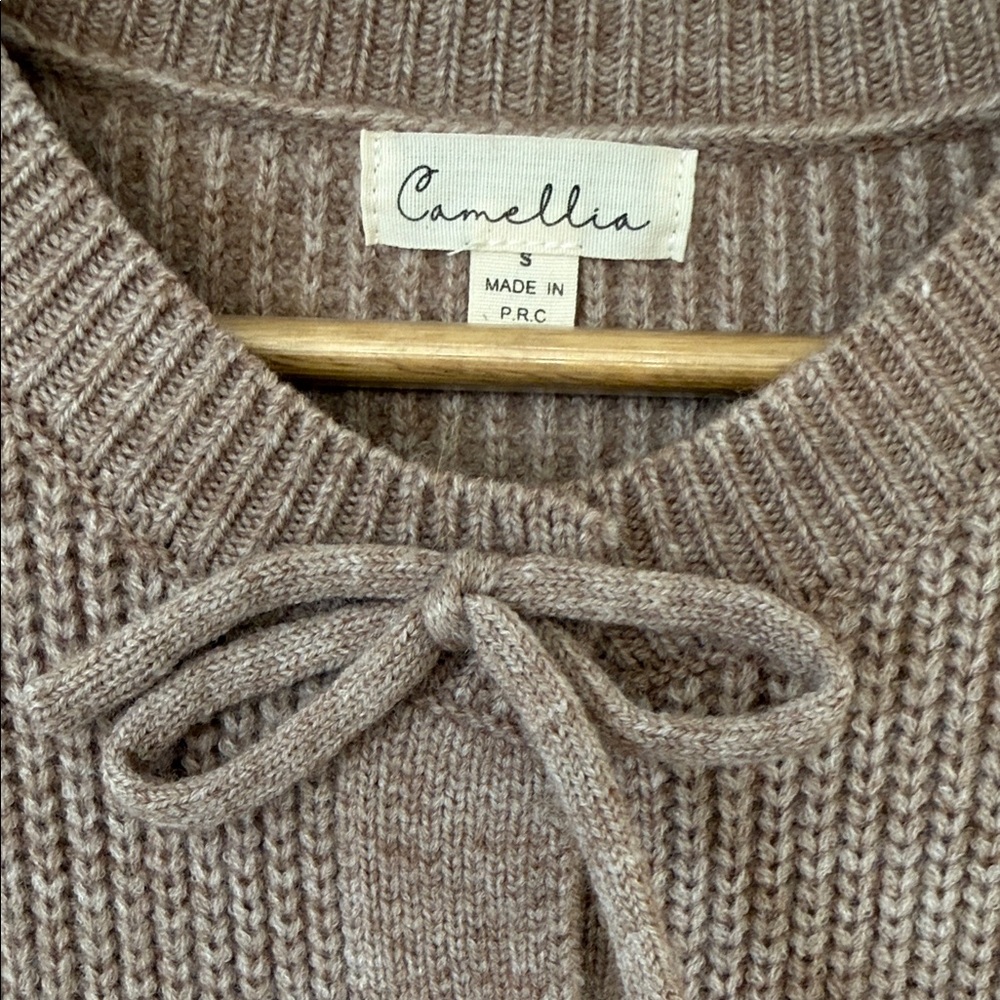 Tie-Front Knit Crewneck Sweater in Taupe - Picture 2 of 3